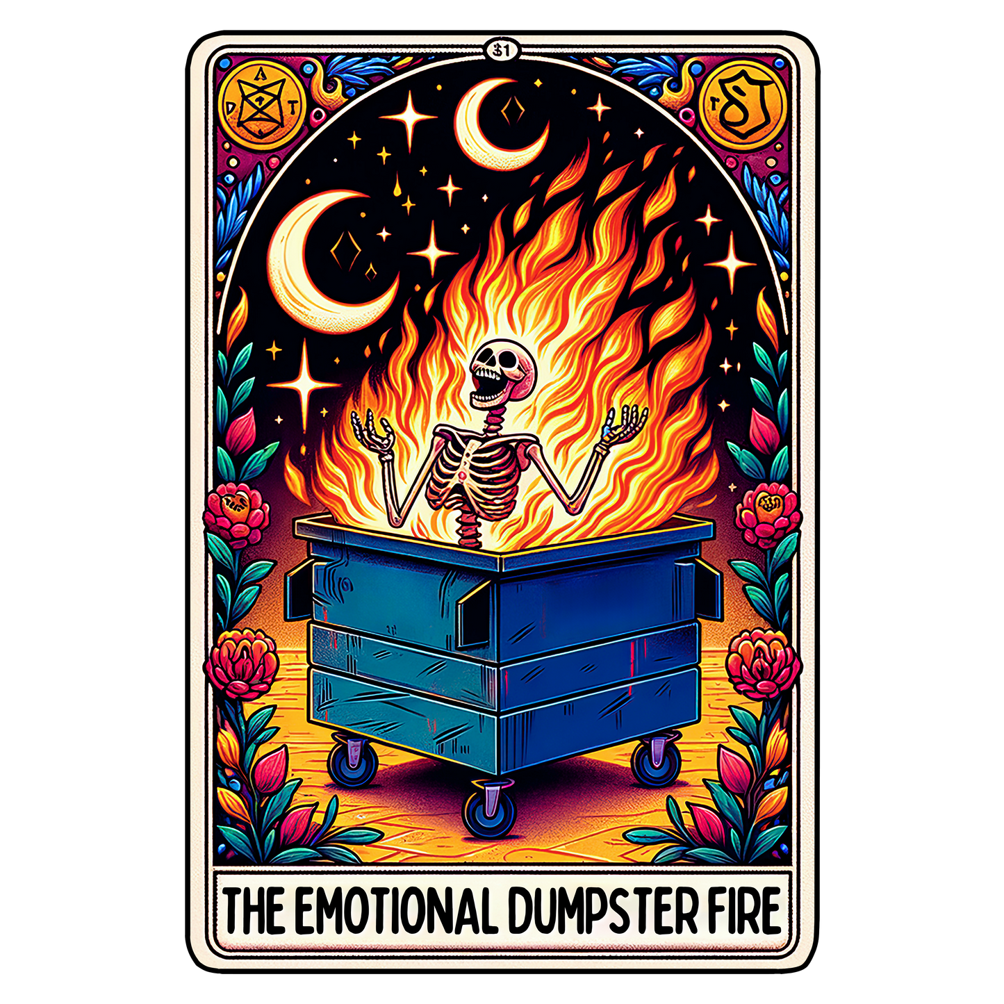 Colorful Skeleton Tarot Card - The Dumpster Fire